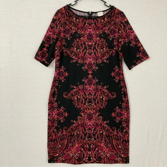 Chico's Black Red Abstract Print Round Neck Stretch Sheath Dress Large - Picture 1 of 11
